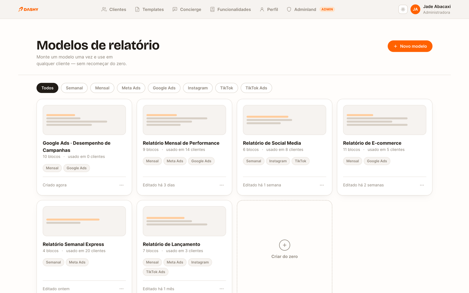 Biblioteca de modelos de relatório do Dashy, com filtros por plataforma e periodicidade