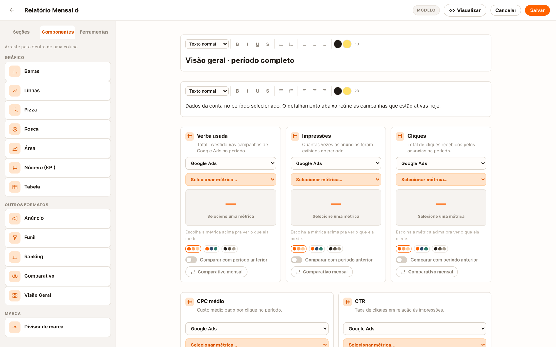 Editor de relatórios do Dashy com biblioteca de componentes à esquerda e blocos de métrica no canvas