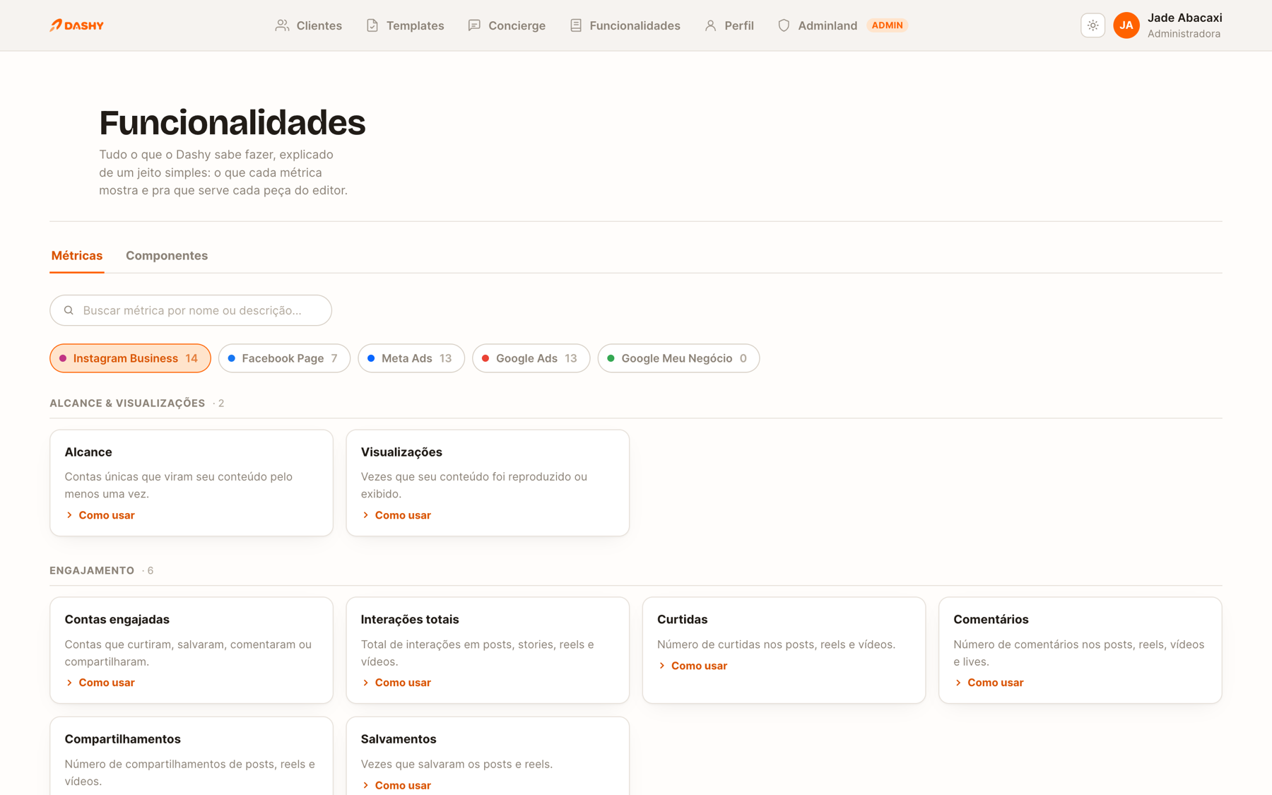Glossário de métricas do Dashy, com explicação de cada indicador por plataforma